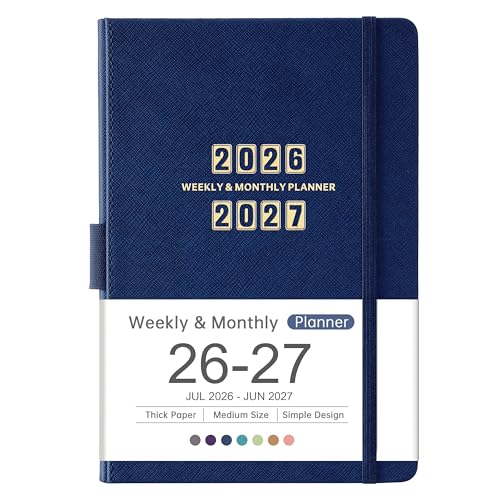 Artfan Planner 2026-2027 - Academic Planner 2026-2027, Jul. 2026 - Jun. 2027, 12-Months Weekly and Monthly, 5.75" x 8.25", Saffiano Leather with Thick Paper, Back Pocket with Notes Pages - Navy Blue - color: Sky Blue D