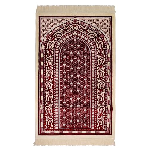 Velvet Muslim Prayer Rug Set with 99 Beads - Red | Plush Velvet, Traditional Ottoman Floral Motif Thick Janamaz Mat, Non-Slip Backing, Gentle on Knees, 99 Prayer Beads Included - color: Red