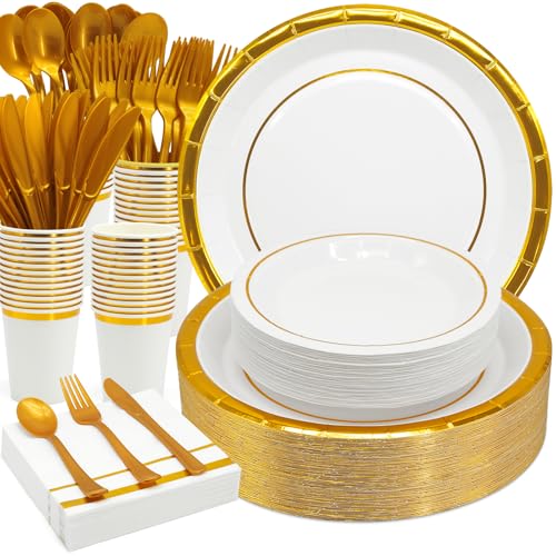 AIRE Gold White Paper Plates Set,175PCS Disposable Dinnerware for 25 - color: 175PCS Gold and White