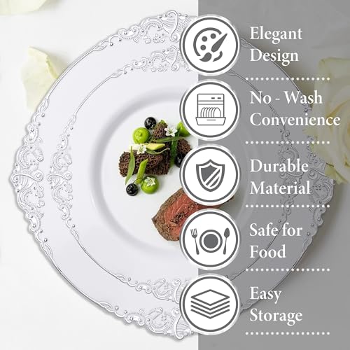 Nervure 175PCS Silver Plastic Plates - White and Silver Disposable Plates for 25 Guests Include 50Plates, 25Cups, 25Forks, 25Knives, 25Spoons, 25Napkins for Wedding & Party - color: White Silver, style: 175Pcs(25Guests)