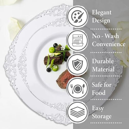 Nervure 175PCS Silver Plastic Plates - White and Silver Disposable Plates for 25 Guests Include 50Plates, 25Cups, 25Forks, 25Knives, 25Spoons, 25Napkins for Wedding & Party - color: White Silver, style: 175Pcs(25Guests)