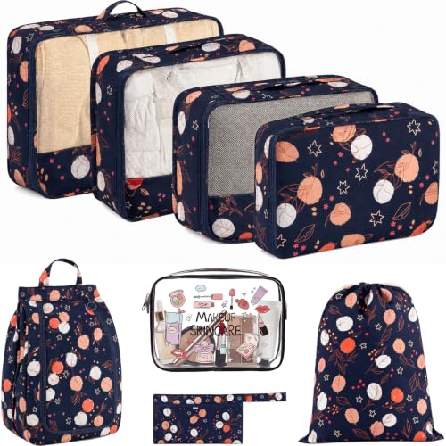 8 Set Packing Cubes for Travel, Durable Luggage Packing Organizers, Carry-On Accessories, TSA Approved See-Through Cubes, Space-Saving Storage Bags, Gifts for Women (Navy Maple Leaf) - color: Navy Maple Leaf