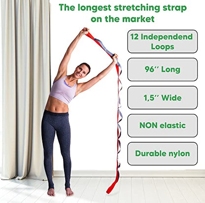 sport2people Stretching Strap for Yoga, Flexibility, Rehabilitation - 2 Free Exercise Ebooks - Get Flexible with 12-Loop Stretch Band for Rehab, Recommended by Physical Therapists and Trainers