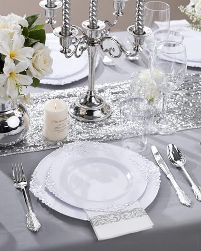 Nervure 175PCS Silver Plastic Plates - White and Silver Disposable Plates for 25 Guests Include 50Plates, 25Cups, 25Forks, 25Knives, 25Spoons, 25Napkins for Wedding & Party - color: White Silver, style: 175Pcs(25Guests)