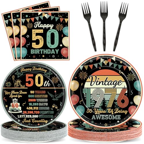 Wiooffen 96 Pcs Vintage 50th Birthday Party Plates Napkins Tableware Set Back in 1976 Supplies Disposable Dinnerware Colorful Cheers to 50 Years Decoration Favors for Women Men Party Favor, 24 Guests - style: Vintage 50th Birthday Party