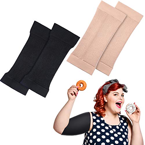 SATINIOR 2 Pairs Arm Shapers for Plus Size Women, Upper Arm Sleeves Wraps Slim Arm Compression Sleeve for Arms - color: Black, Beige