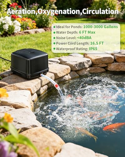Pond Aerator, 640GPH High-Volume Pond Air Pump for 1000-3000 Gallon Ponds, Ultra-Quiet Septic Aerator IP65 Waterproof for Koi Pond, Water Garden, Fish Tank & Winter Ice Prevention P840