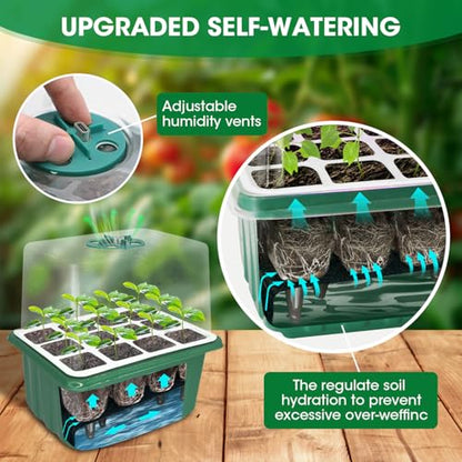 5PCS 60 Cell Self Watering Seed Starter Tray with Grow Light, Reusable Silicone Seed Starter Kit with Humidity Dome, 60 Cells Plant Germination Trays for Seeding Planting Growing（5-Pack 60-Cell）