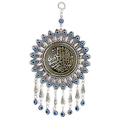 Islamic Turkish Blue Evil Eye Pendant, Muslim Amulet Blessing Wall Hanging Pendant, Good Luck Bringing Home Car Decor Protector for Women Sterling Silver Jewelry