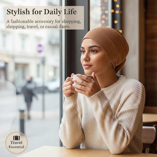 2 Pcs Hijab Cap Undercaps for Hijab No Slip Women Solid Color Hijabs Cap Islamic Muslim Hijabs Undercap with Brim for Turban Tube Neck Cover (Dark Brown, Beige)