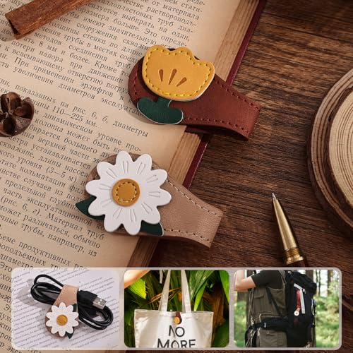 2PCS Vintage Magnetic Leather Bookmark, Leather Magnetic Bookmarks for Women, Magnetic PU Bookmarks Clip Book Accessories, Daisy & Tulip - style: Daisy & Tulip