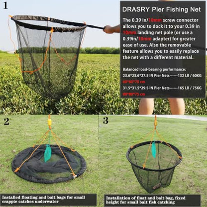 Foldable Bridge and Pier Fishing Net Landing Net High Load-Bearing Aluminum Ring Drop Net for Saltwater Freshwater Pier Fishing Baskets Net Collapsible with 49.2 FT Rope - size: 23.6*23.6*27.5 IN / 60*60*70cm