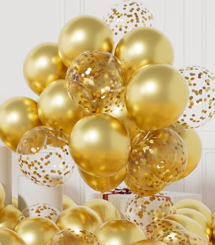 AULE Party Balloons Pack of 42 - Metallic Gold Balloons & Gold Confetti Balloons and 64ft Ribbons - 12 Inch Balloons Decorations Set - color: Gold