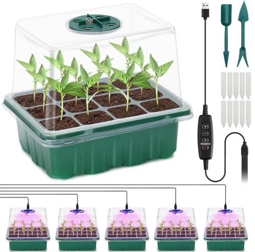 Seed Starter Tray, Seed Propagation Station with Grow Light,5 Pack | Seedling Starting Kit with Time Controller,Mini Greenhouse with Humidity Domes and Base,Plant Tray for Seeds Growing Starting - size: 5 Packs