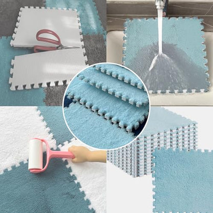 12 PCS Thickened Plush Interlocking Floor Mat Fluffy Square Tiles with 16 Edgings Soft Anti-Slip Puzzle Area Rug for Room (Sky Blue) - color: Sky Blue