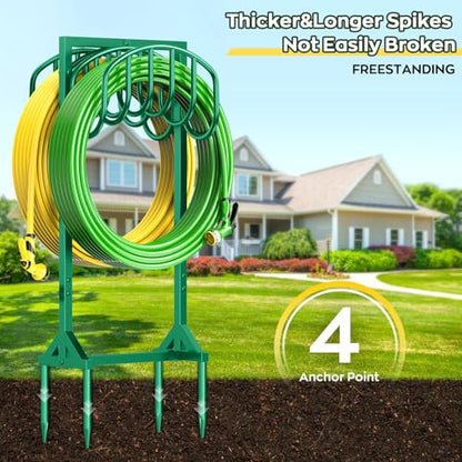 Garden Water Hose Holder Holds 2 * 150Ft Hoses, Heavy-Duty Metal Freestanding Hose Holder with 4 Spikes, Rustproof Garden Hose Hanger Storage for Outside, Yard, Lawn - color: Green