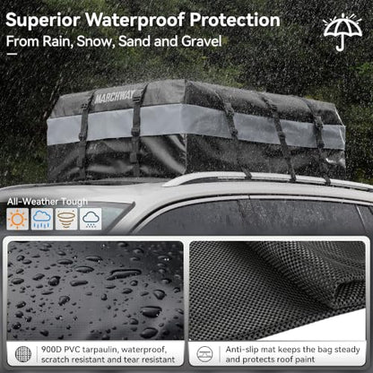 MARCHWAY Waterproof Car Roof Luggage Bag, Weatherproof Soft Shell Rooftop Cargo Carrier Bag for Vehicles with or Without Rack. 6 Door Hooks, Anti Slip Mat, Lock Included (21 Cubic Feet, Black) - size: 21 Cubic Feet, Black