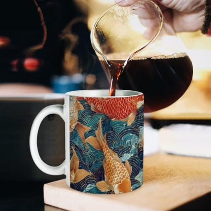 Japanese Fish Swimming Ocean Wave Ceramic Coffee Mug Tea Cup Unique Artistic Drinkware with Handle 12OZ