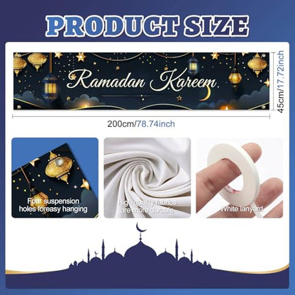 BlissYard Ramadan Kareem Banner 78 x 17 Inch Islamic Holiday Wall Backdrop Moon Star Design for Eid Mubarak Home Porch Fence Party Decor Spiritual Celebration