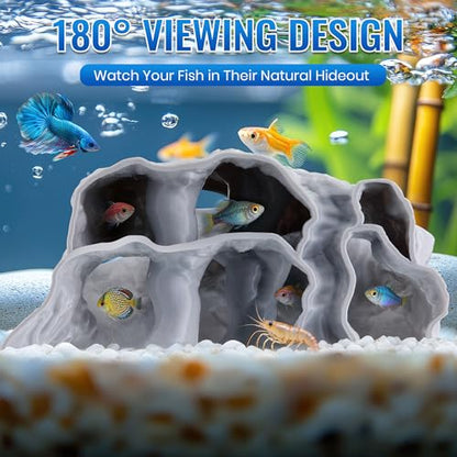 Aquarium Cave Three Hole, 3D Rock Texture Fish Tank Tunnel & Hideout, Natural Under Gravel Aquarium Decor for Small Fish, Shrimp, Corydoras, Kuhli Loach, Hermit Crabs