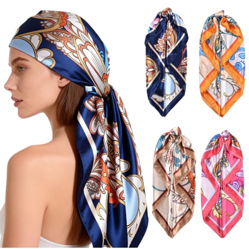 4Pcs Silk Head Scarves for Women Satin Hair Scarf 35”Large Square Bandana Silk Like Neck Scarf Shawl - color: Beige/Rose Red/Orange/Navy Blue