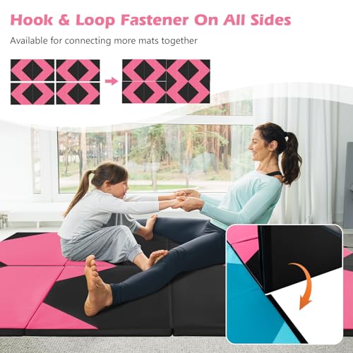 Goplus Folding Gymnastics Mat, 10’ x 4’ x 2’’ Thick Tumbling Mats with PU Leather, Hook & Loop Fasteners, Portable Handles, 4-Panel Exercise Mat for Home Gym Workouts, Yoga - color: Black+Rose