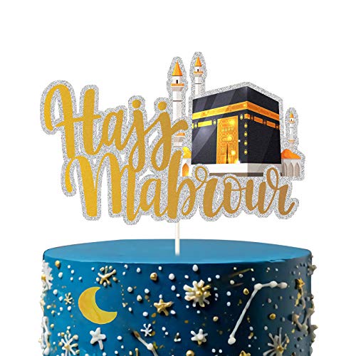Black and Gold Glitter Hajj Mubarak Cake Topper - Eid Mubarak Festival Anniversary Party - Muslim Islam Celebration Decoration-Ramadan Party Supplies.
