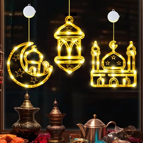 LOLStar Ramadan Decorations, 3 Pack Warm White Lantern, Moon, Mosque Eid Mubarak Window Lights Battery Operated Hanging LED Lights with Timer Function & Slow Fade Mode, Perfect Decor for Eid al Fitr - style: Lantern, Moon, and Mosque