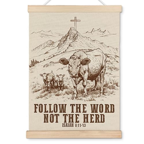 OHDCE Christian Western Cow Wall Art, Follow The Word Not The Herd Bible Verse Poster Hanger Frame, Rustic Scripture Canvas Wall Prints Artwork for Home Church Living Room Decor, 12x16 Inch - color: Christian Western Cow
