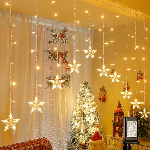woohaha 118LED Star Icicle Lights,Window Curtain Light Plug in,8 Modes Timer Hanging String Lights,Connectable Warm White Star Lights for Bedroom Indoor Party Wedding Ramadan Christmas Decorations - color: Warm White