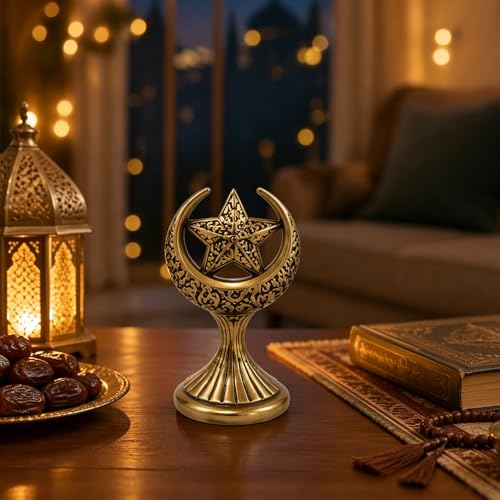Ramadan Decorations for Home, Islamic Crescent Moon Star Statue, Eid Mubarak Table Centerpiece, Gold Ramadan Decor Ornament Gift - color: C