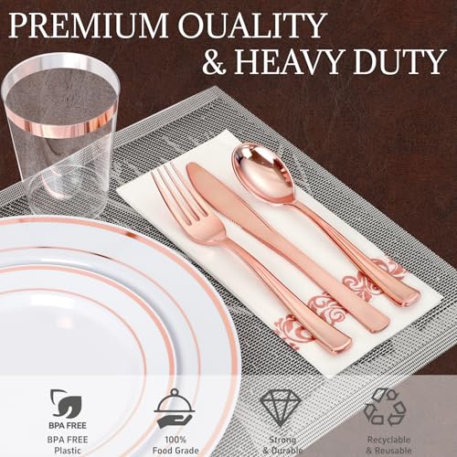 Supernal 200pcs Rose Gold Plastic Dinnerware included Disposable Flatware& Plastic Party Plates Disaposable Cups and Napkins,Perfect for Valentine's Day Mother's Day and Easter - color: 200pcs White and Rose Gold Plastic Dinnerware