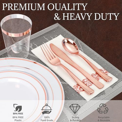 Supernal 200pcs Rose Gold Plastic Dinnerware included Disposable Flatware& Plastic Party Plates Disaposable Cups and Napkins,Perfect for Valentine's Day Mother's Day and Easter - color: 200pcs White and Rose Gold Plastic Dinnerware