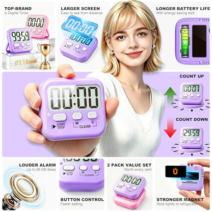 2 Pack Digital Timer for Kids Classroom Kitchen Timers for Cooking | w/ Battery, Easy to View, Alarm, Mute Mode, Count Down/Up, Magnetic, Kickstand, Hanging, Classroom Timer for Teacher Supplies - color: 2 * Pink + Purple