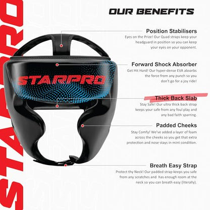 Starpro Black Boxing Headgear for Men Women - Safety Headguard with Padding - Muay Thai MMA Training Sparring Karate - size: Medium