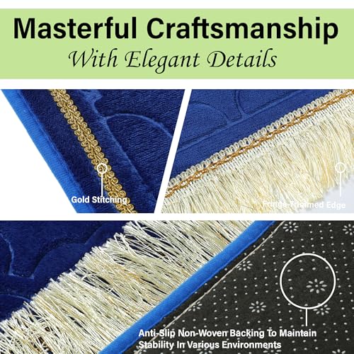 Muslim Prayer Rug Islamic Mat - Thick Large Padded Sajadah for Kids Men Women - Soft Velvet Prayer Rugs for Eid Travel Ramadan, Blue - color: Blue