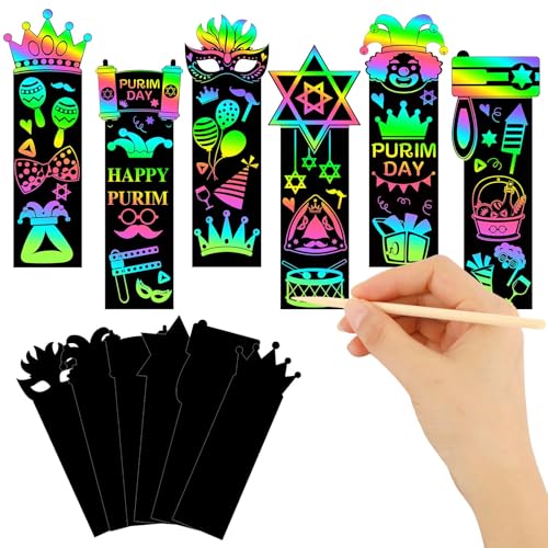 JUNEBRUSHS 30Pcs Purim Scratch Bookmarks, Rainbow Magic Scratch Paper Art Purim DIY Craft Kit for Students Classroom Activity Party Supplies - style: Purim Style