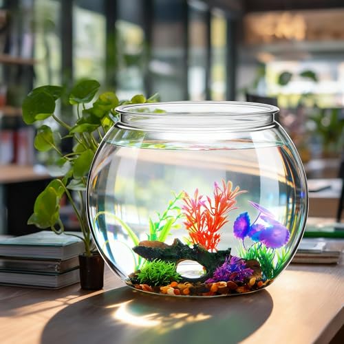 3 Gallon Plastic Betta Fish Bowl with 6 Pcs Artificial Plastic Plants and 500g Decorative Gravel, Betta Fish Tank and Decoration Accessories Small Large Bowl Ornaments Starter Kit - size: 3 Gallon