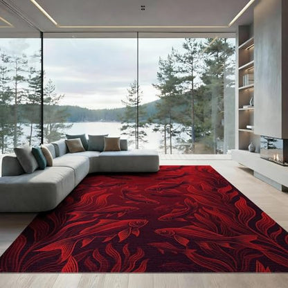 6'x9' Washable Graphic Fish Area Rug, Red Foldable Non-Slip Large Carpet Foldable Easy Care Carpet for Queen Size Bedroom, Under Bed, Master Bedroom | Ref:1908905 - color: Red/Pattern 25, size: 6' x 9' (Rectangular)