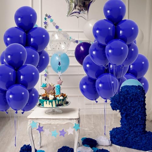 50pcs Royal Blue Balloons, 12inch Helium Quality Dark Blue Party Balloons for Birthday Graduation Baseball Party 4th of July Backdrops (with Ribbon & Glue) - color: Royal Blue