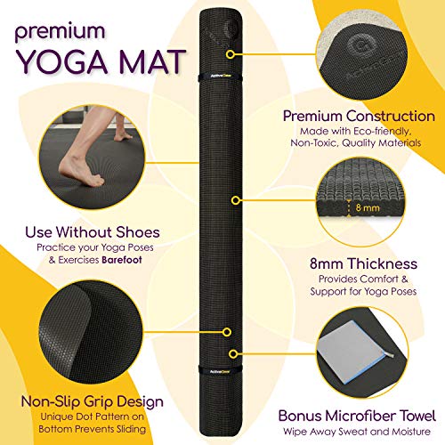 ActiveGear Large Yoga Mat, 6'x4'x8mm Extra Thick Non-Slip - Black | 8mm high-density padding for barefoot comfort. Non-slip on any floor. Includes carry bag, straps and microfiber towel.