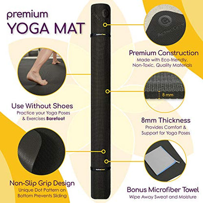 ActiveGear Large Yoga Mat, 6'x4'x8mm Extra Thick Non-Slip - Black | 8mm high-density padding for barefoot comfort. Non-slip on any floor. Includes carry bag, straps and microfiber towel.