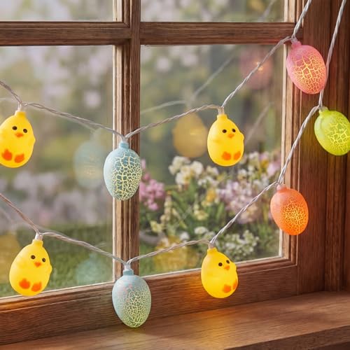 Easter Egg Chicken String Lights Plug in, 8.5Ft Outdoor Easter Decorations Lights with 10 LED Egg Chicken Pastel Fairy Lights Waterproof for Indoor Outdoor Spring Party Garden Home Window Decor - color: Egg/Chick