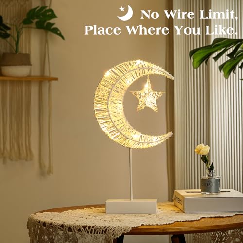 Lewondr Decorative Table Lamp, Christmas Moon Star Ramadan Desk Lamp Battery Powered Warm LED Crescent Light for Xmas Home Bedroom Bedside Desktop Nightstand Decoration, White - style: Moon + Star