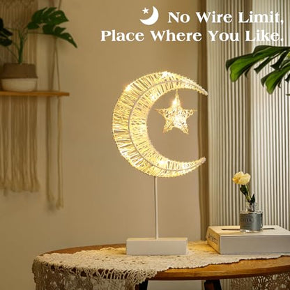 Lewondr Decorative Table Lamp, Christmas Moon Star Ramadan Desk Lamp Battery Powered Warm LED Crescent Light for Xmas Home Bedroom Bedside Desktop Nightstand Decoration, White - style: Moon + Star