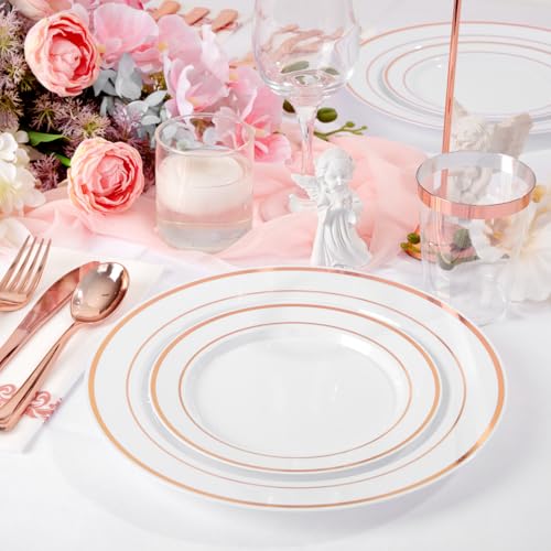 Supernal 400pcs Rose Gold Plastic Plates Disaposable Heavy Duty included Disposable Utensils& Plastic Party Plates Disaposable Party Cups and Napkins Sets for Valentine's Day Mother's Day and Easter - color: 400pcs White and Rose Gold Plastic Plates Disap