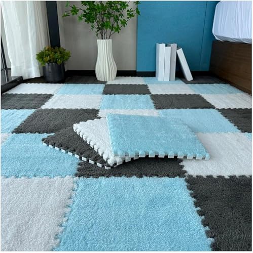 FYYSJW 10 Piece Plush Patchwork Foam Floor Mat, Soft Interlocking Floor Carpet Squares, Fluffy Puzzle Area Rug, 12 X 12 Inch,Blue+White+Gray - color: Blue+white+gray