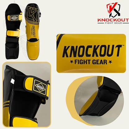Muay Thai Shin Guards MMA Martial Arts -Padded, Adjustable Leg Guards with Instep Protection for Training and Sparring Gear Kickboxing Equipment – Durable, Professional - color: Black/Yellow, size: Large-X-Large