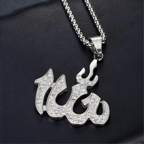 Allah Necklace for Men, Silver Muslim Pendant 22 inch Chain Gift - color: silver plated