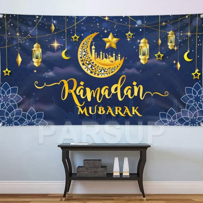 Ramadan Mubarak Banner, Large Fabric Muslim Ramadan Kareem Backdrop Decorations, Ramadan Sign Photo Booth Backdrop Background for Muslim Ramadan Party Supplies, 78 x 43INCH